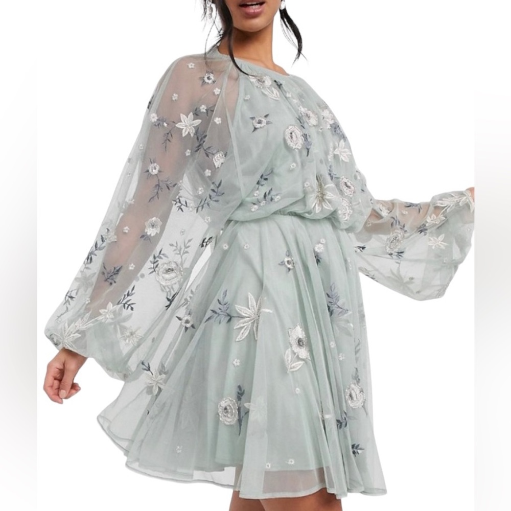 ASOS EDITION Petite Floral Beaded Mesh Dress Size: 4